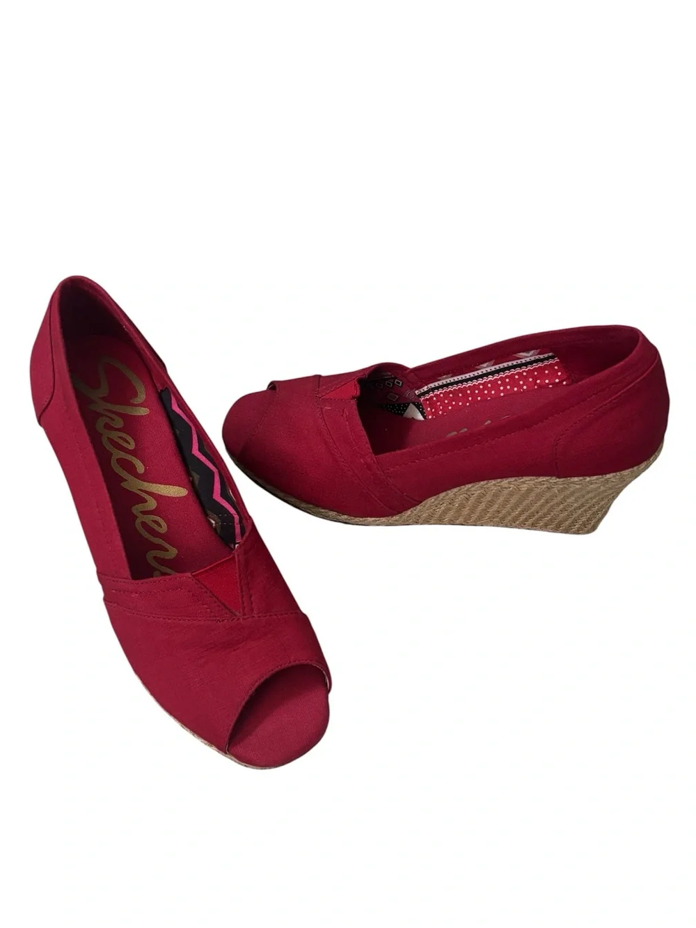 Skechers Red Cali Club Wedge Pump Peep Toe Espadrille Sz 8 Summer Crimson Heel